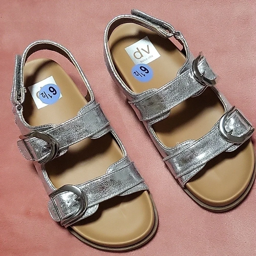 Dolce Vita Alameda Metallic Silver Buckle Slide Wedge Sandals - Size 6.5